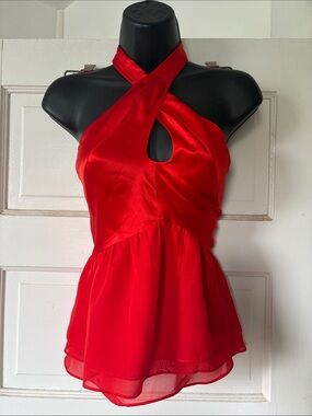 Bebe Silk Red Halter Peplum Top NWT